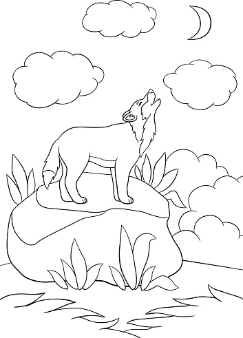 Coloring pages cute beautiful wolf howling at the moon stock illustration