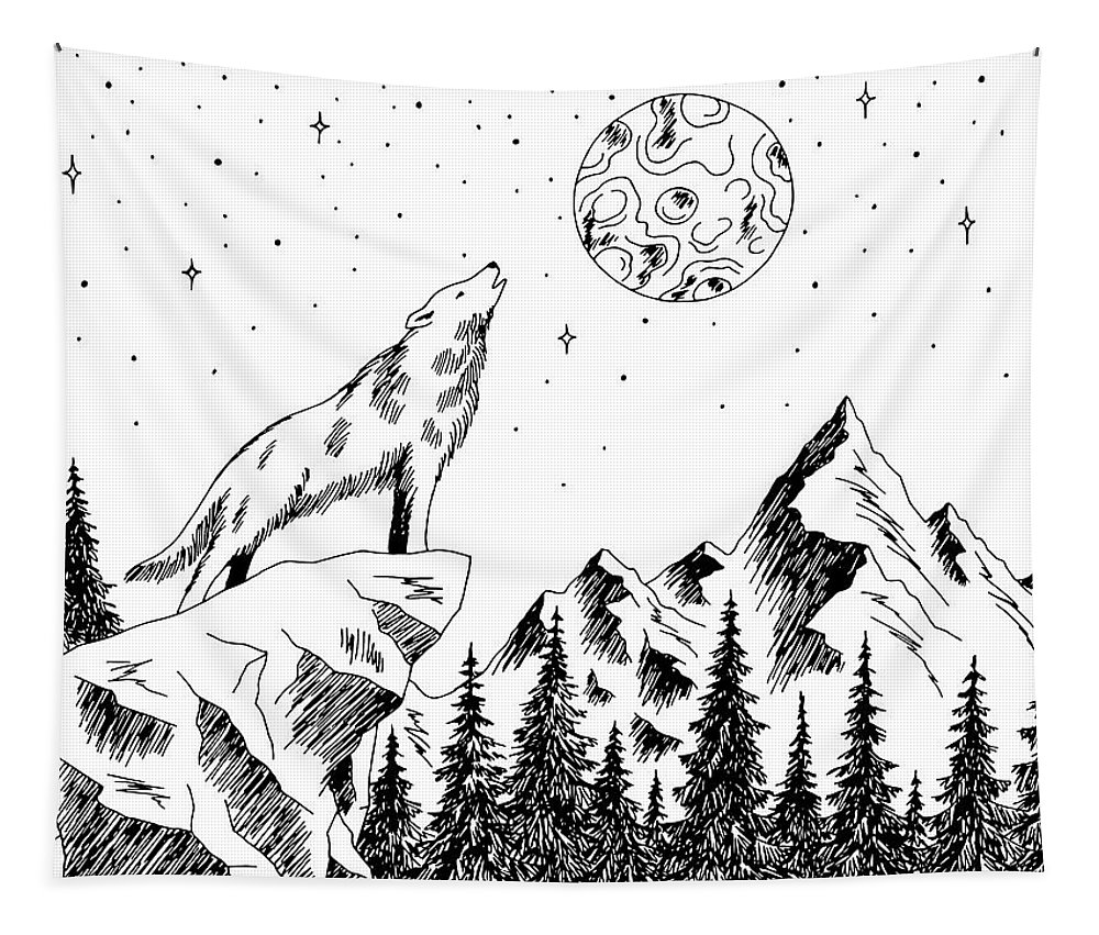 Wolf howling at the moon mountain forest graphic black white landscape sketch tapestry by julien