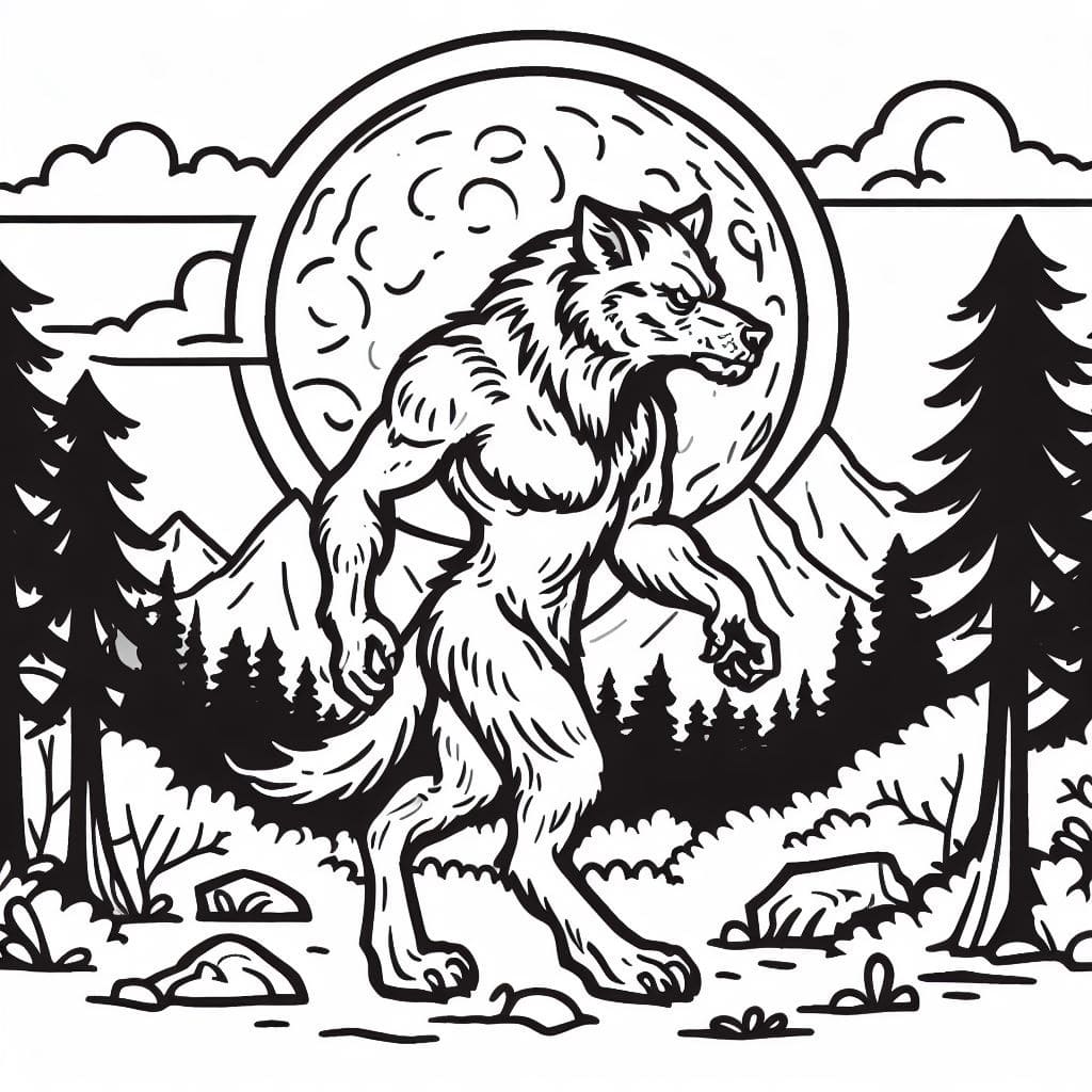 Werewolf and the moon coloring page