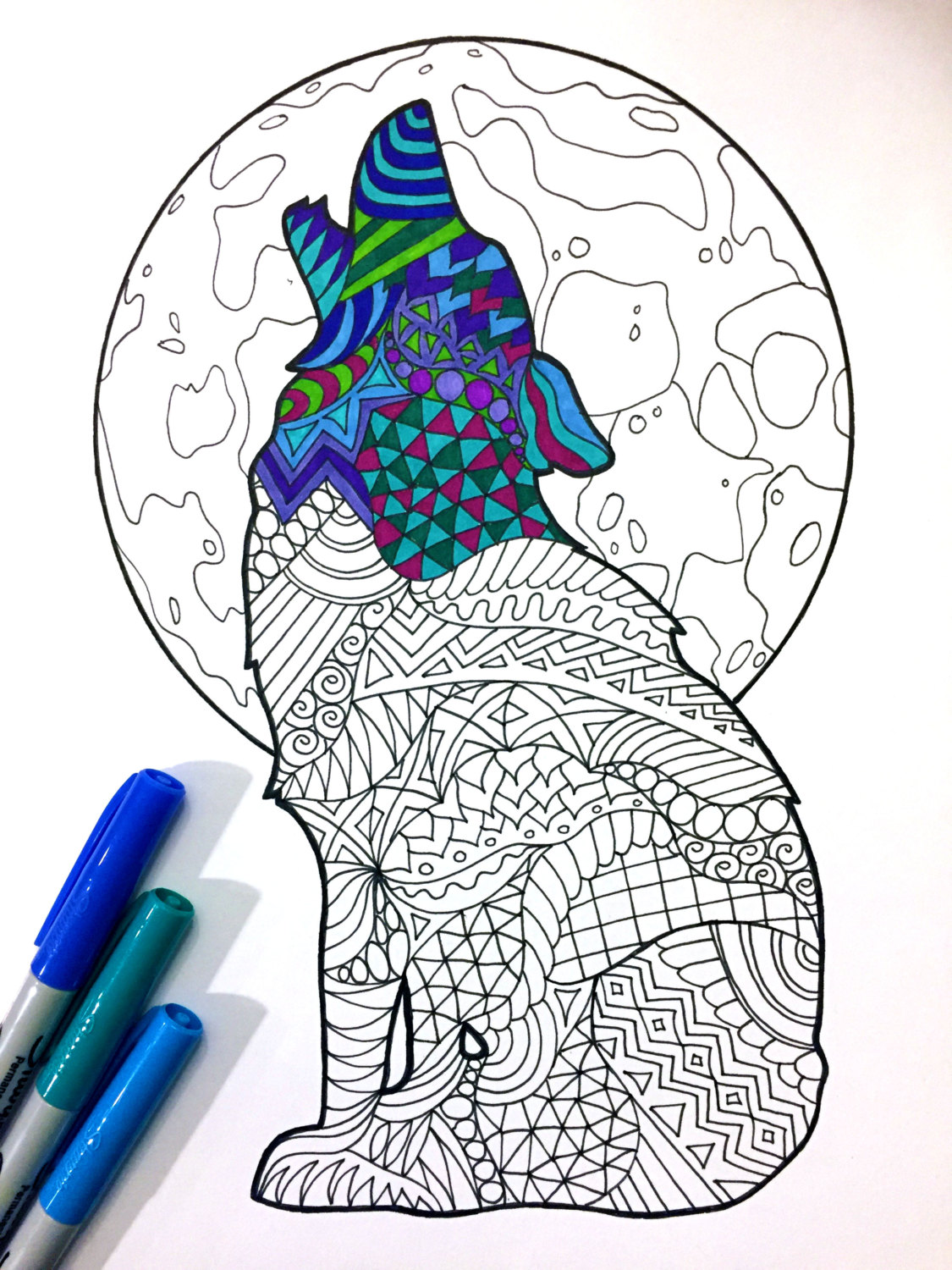 Howling wolf â pdf zentangle coloring page â scribble stitch