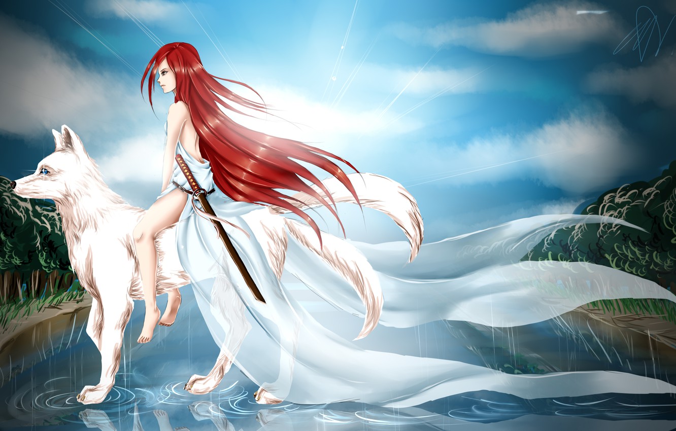 Wallpaper the sky water girl clouds trees reflection rain dress art profile red hair white wolf sword weapons images for desktop section ðñðñðµðµ