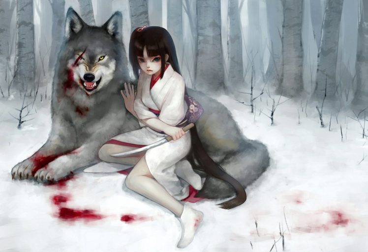 Wolf girl long hair fantasy anime blood kimono knife forest snow wallpapers hd desktop and mobile backgrounds