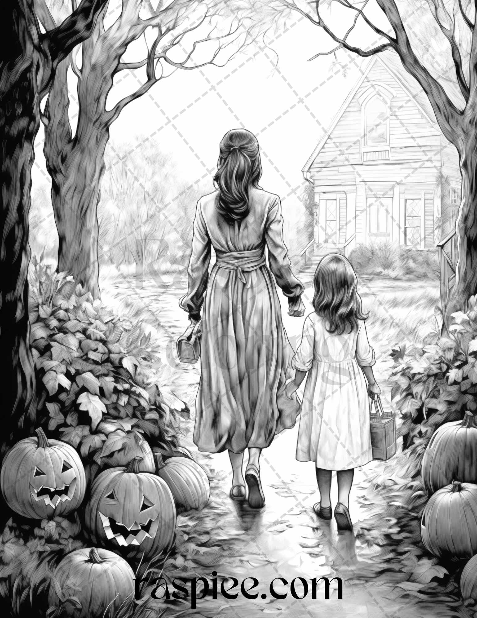 Vintage halloween trick or treat grayscale coloring pages printable â coloring