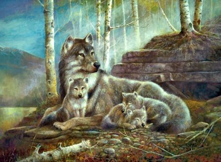 Wolf mom with pups f