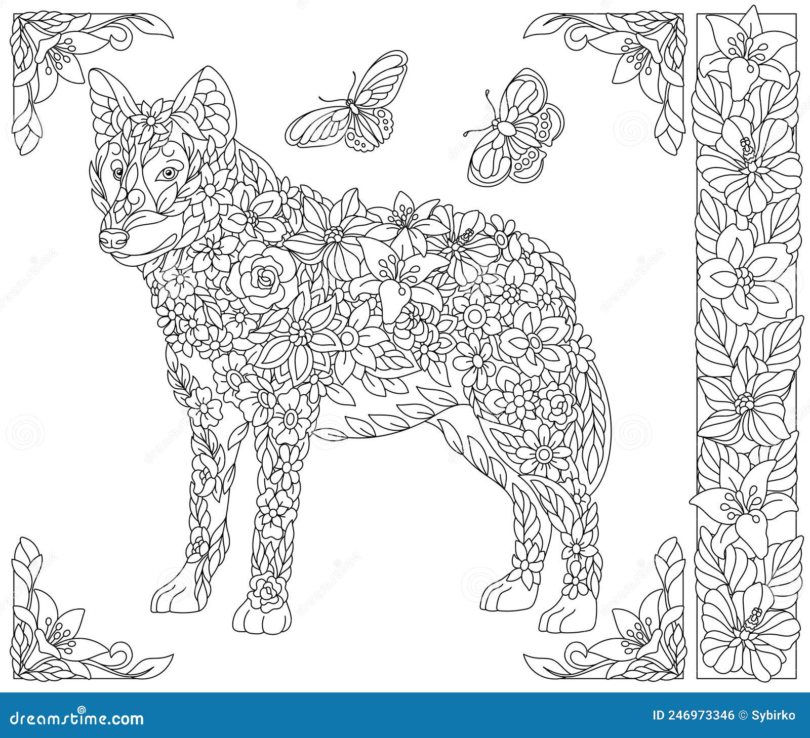 Floral wolf coloring book page stock vector