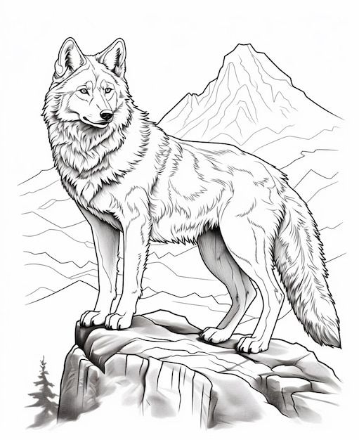 Premium ai image coloring pages of a wolf standing on a rock with mountains in the background generative ai