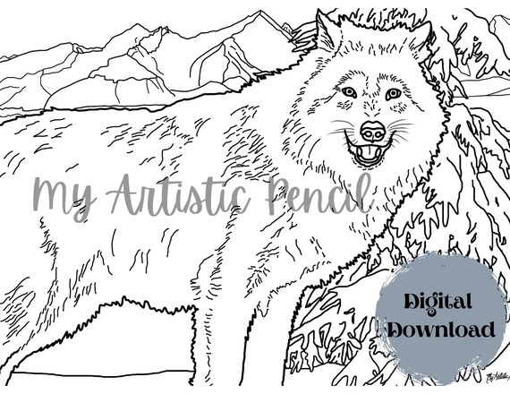 Realistic animal coloring page coloring pages for adults and kids wolf coloring page for adults printable pdf and jpg