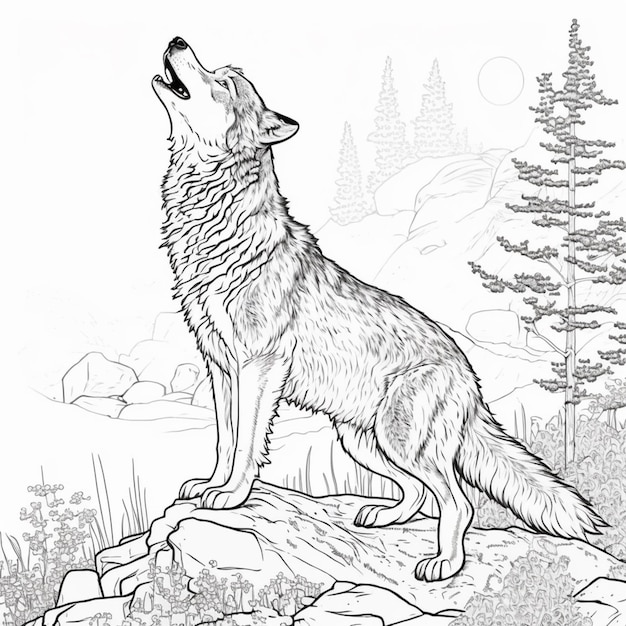 Premium ai image coloring pages of a wolf howling at the moon generative ai