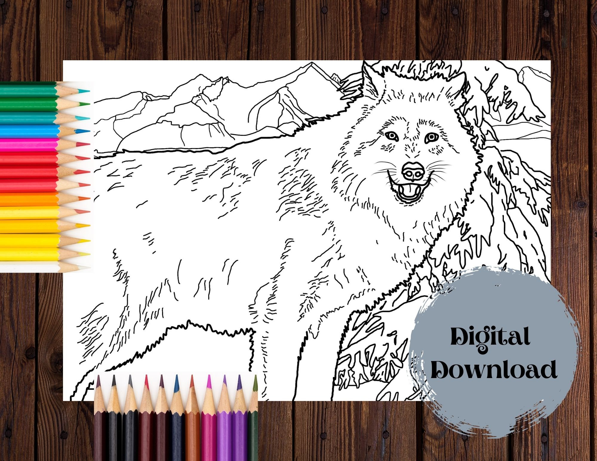 Realistic animal coloring page coloring pages for adults and kids wolf coloring page for adults printable pdf and jpg