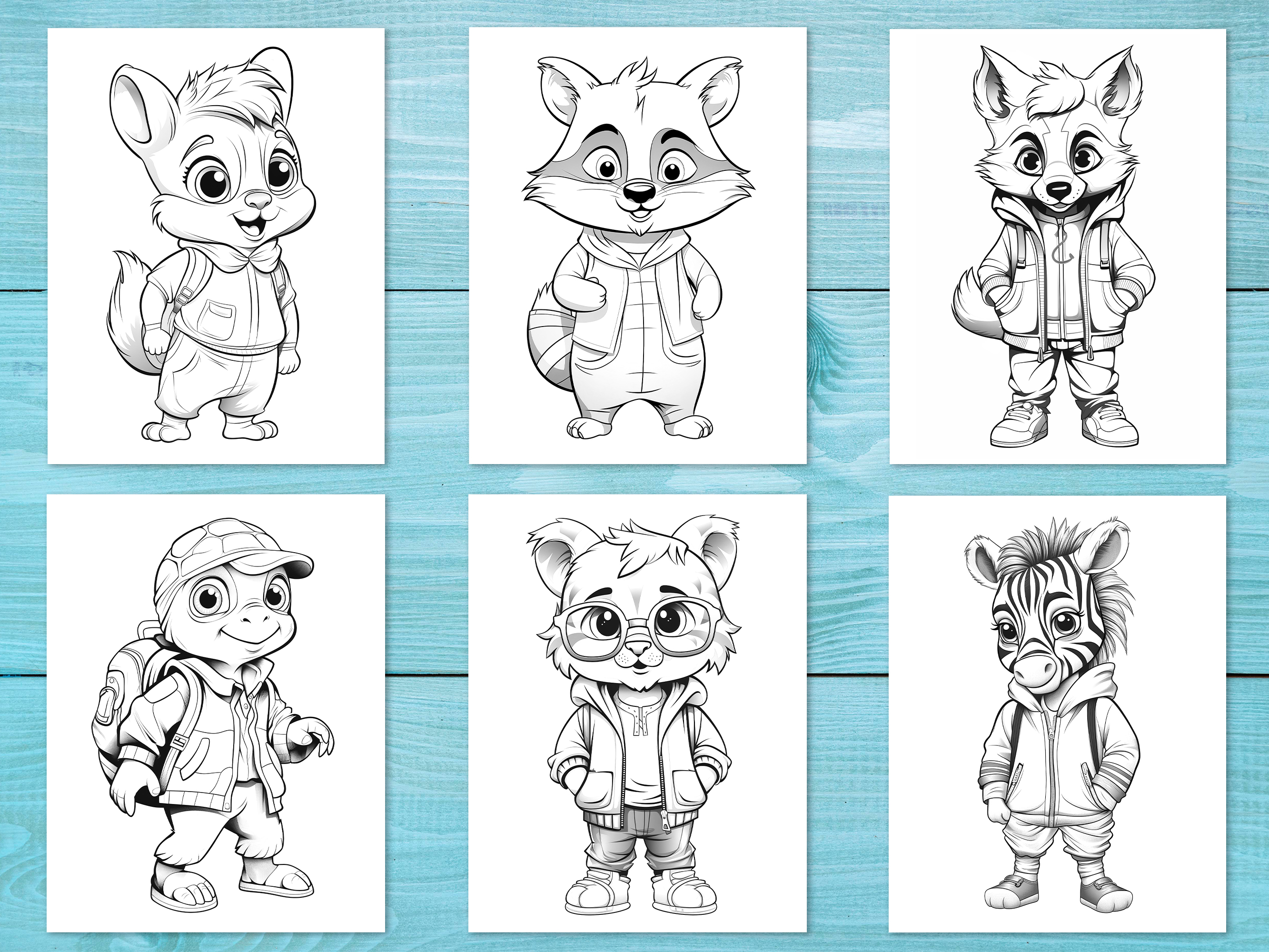 Cute animal in clothes coloring book printable pages for