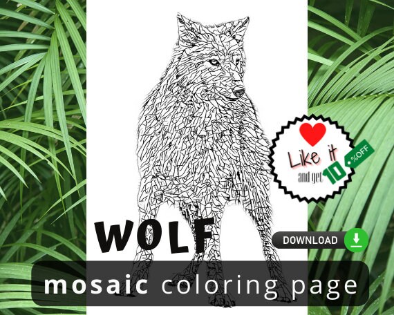 Printable wolf coloring page for adult intricate pattern stained glass coloring pages mosaic colouring sheets instant download
