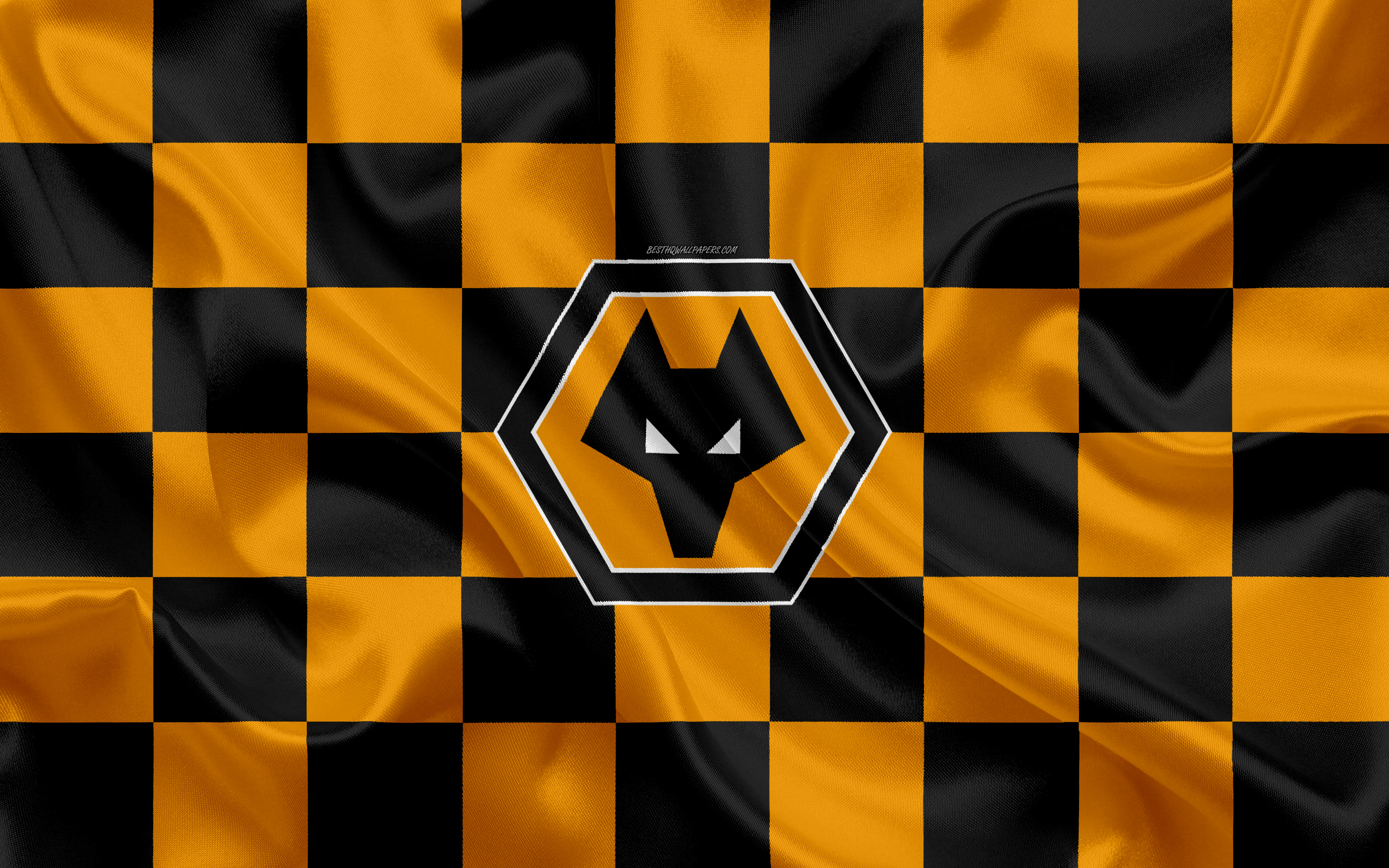 Download wallpapers wolverhampton wanderers fc wolves fc k logo creative art orange black checkered flag english football club premier league emblem silk texture wolverhampton united kingdom england for desktop with resolution x