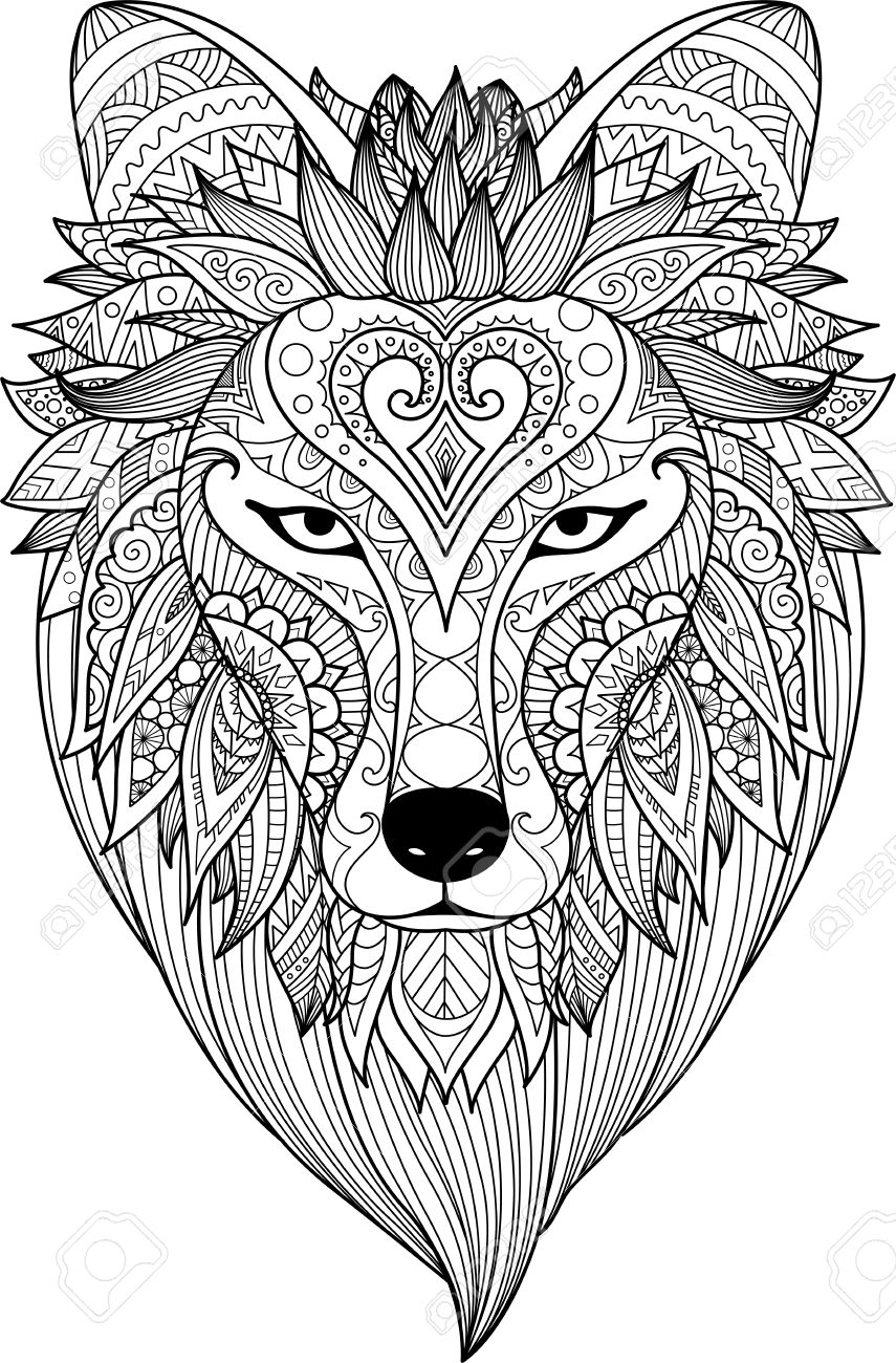 Zendoodle stylize of dire wolf face for adult coloring book page and design element royalty free svg cliparts vectors and stock illustration image