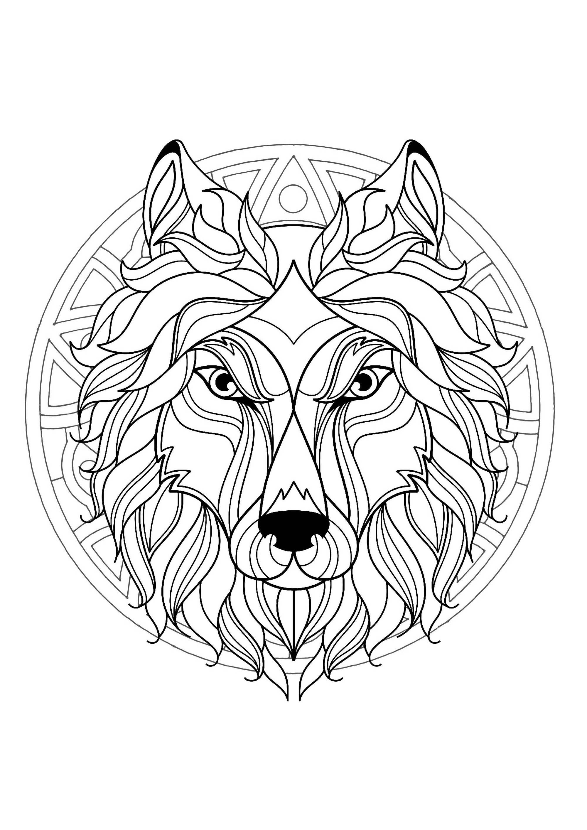 Complex mandala coloring page with wolf head