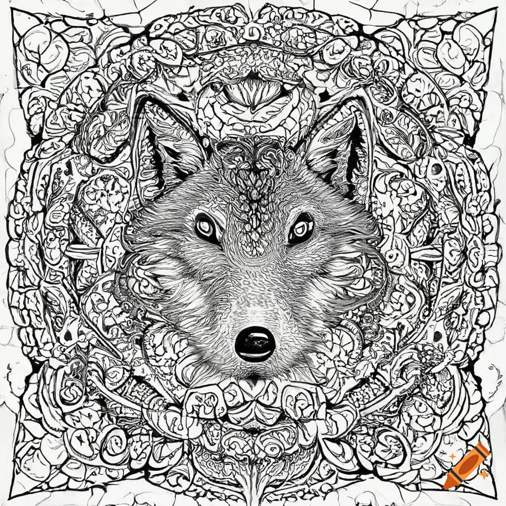 Coloring page for adults mandala red wolf image white background clean line art fine line are hd aspect ratio on