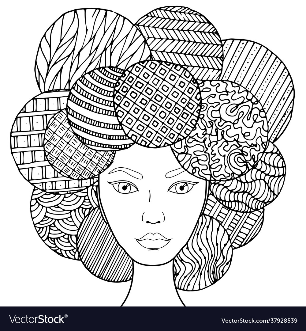 Doodle girl face with fantasy hair coloring page vector image