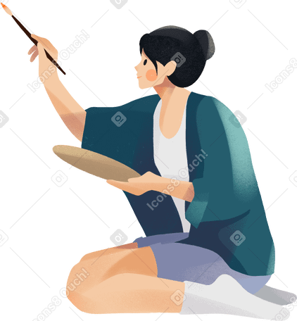 Young woman sitting on her knees and painting png svg