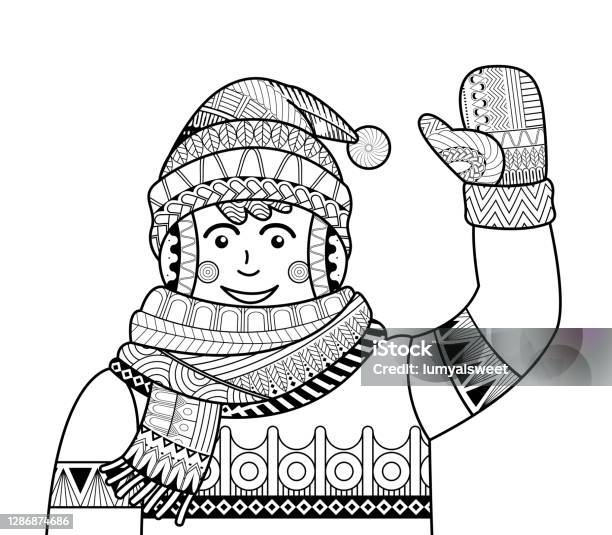 Coloring page outline cartoon man raising his hand to greet stock illustration