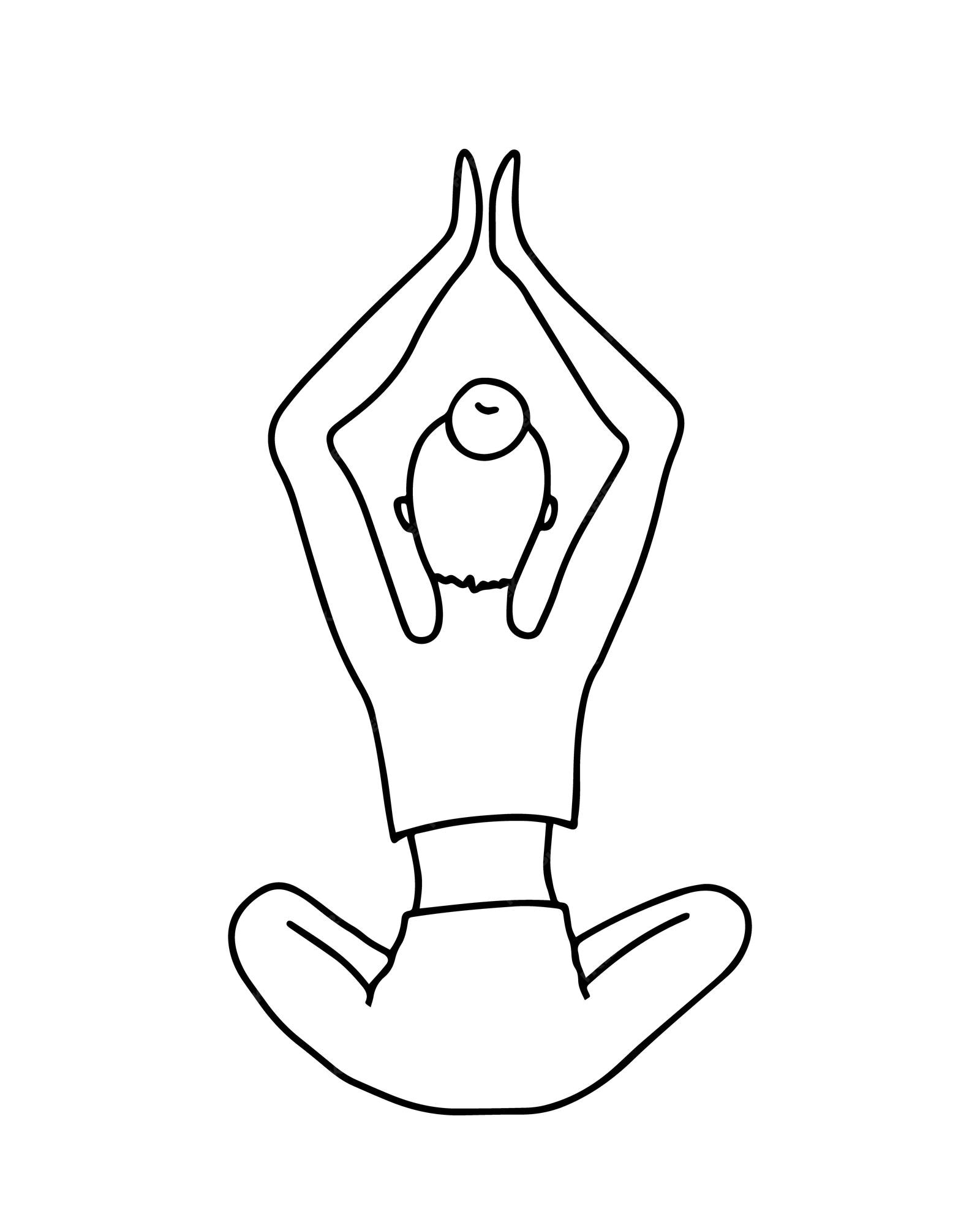 Premium vector girl sitting in the lotus position with her hands raised up healthy lifestyle sport yoga linear doodle cartoon coloring book