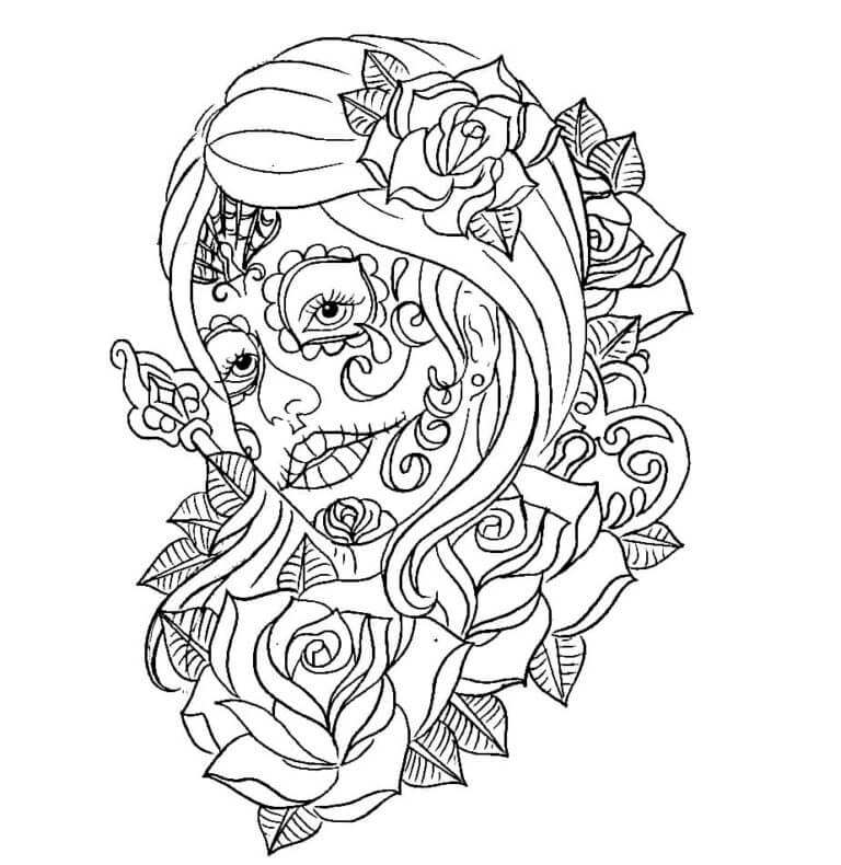 Girl with roses from day of the dead coloring page