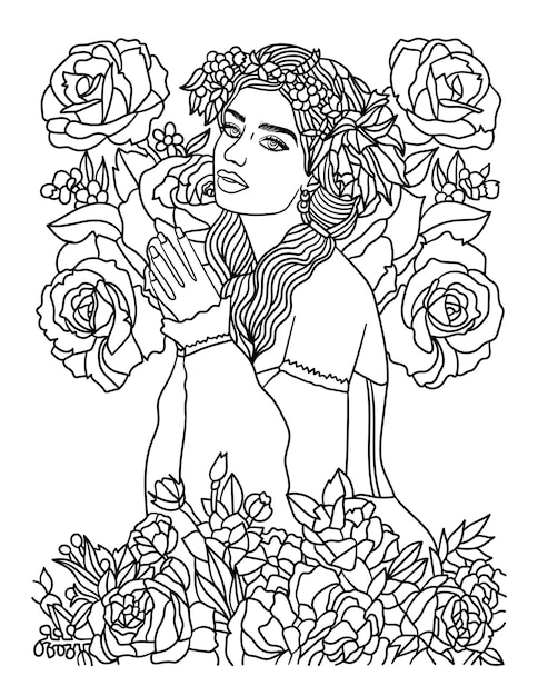 Premium vector flower girl coloring page for adults