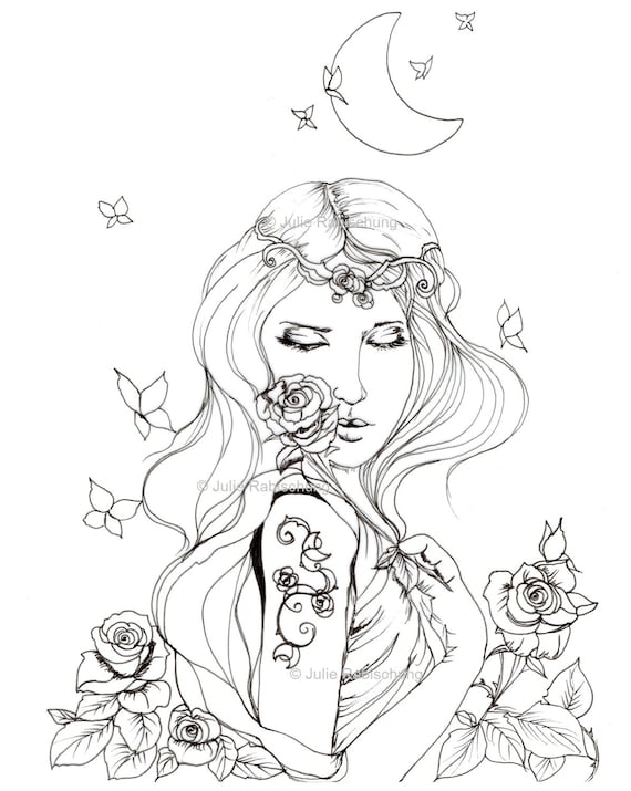 Digital printable coloring pagewoman portraitrosesmoontattoohigh resolution coloring pageadult coloringblack and white lineart