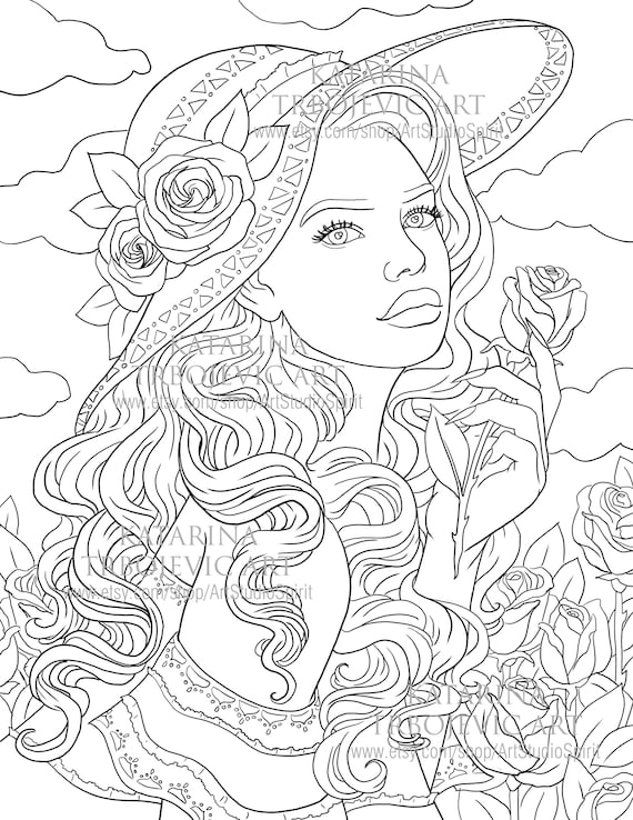 Adult coloring page woman portrait with rose flowers printable coloring page instant download jpeg pdf