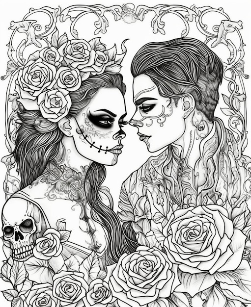 Premium ai image a black and white drawing of a woman and a skull with roses on it