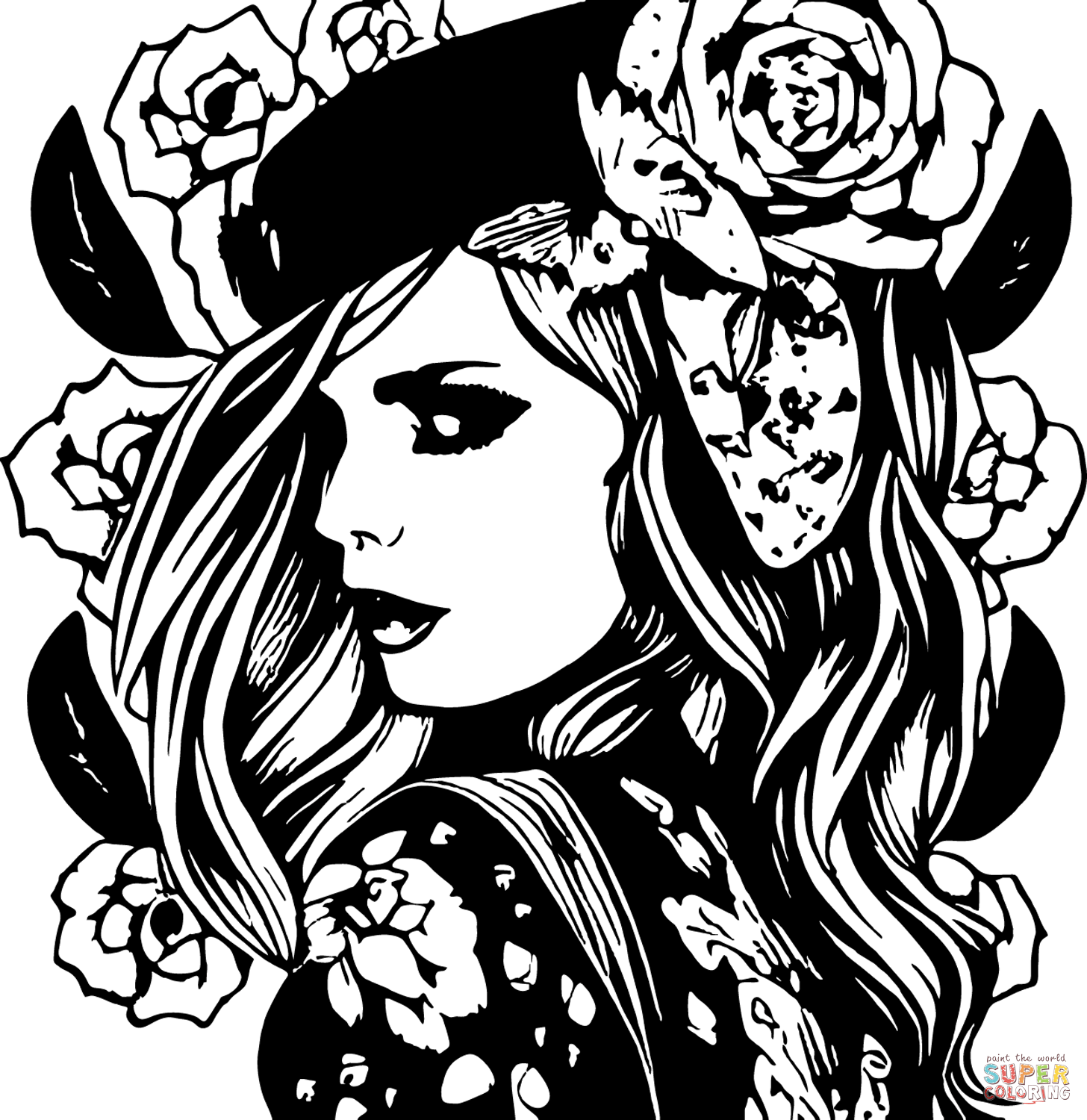 Elegant woman with roses in her hair coloring page free printable coloring pages