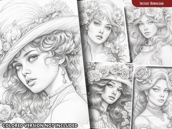 Woman with roses coloring pages for adults and for kids relax and stress relief grayscale coloring book printable pdf