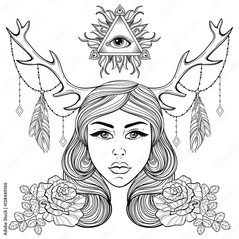 Beautiful girl with horns decorated boho elements vector woman with roses all seeing eye forest nymph for adult coloring pages spirituality occultism symbol gypsy soul tattoo template vector