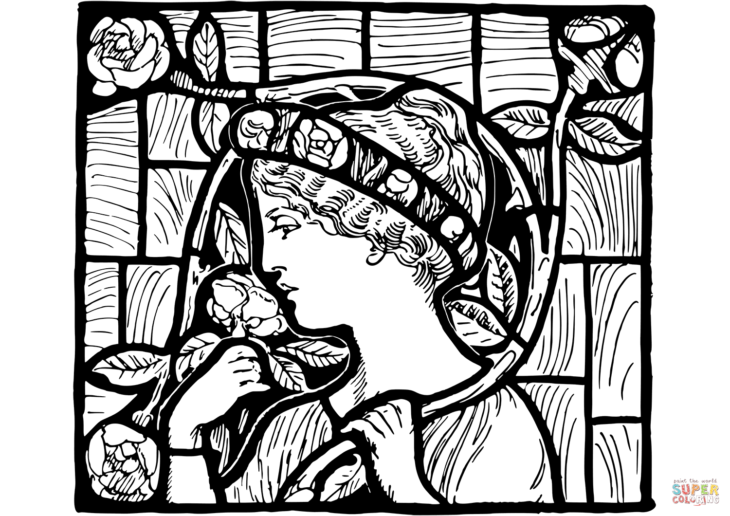 Stained glass window with woman and roses coloring page free printable coloring pages