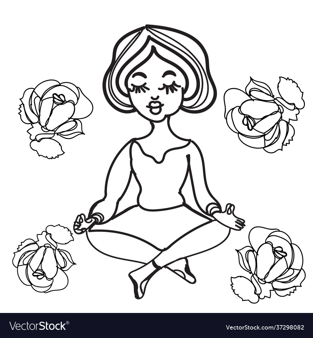 Cute girl in yoga pose adult coloring page roses vector image