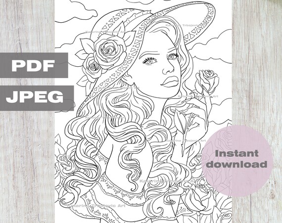 Adult coloring page woman portrait with rose flowers printable coloring page instant download jpeg pdf