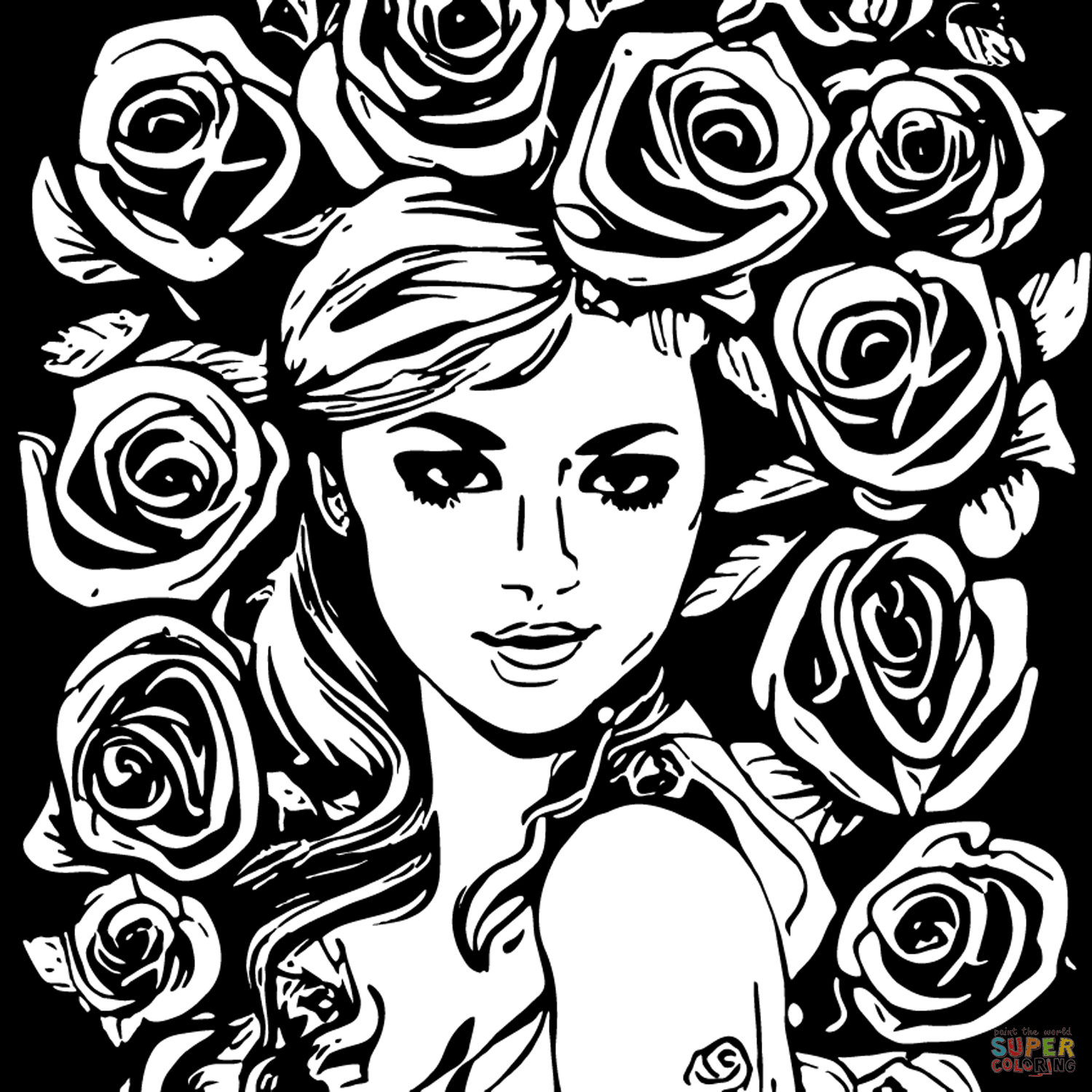 Beautiful woman in roses coloring page free printable coloring pages