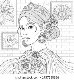 Girl roses her haircoloring book antistress stock vector royalty free