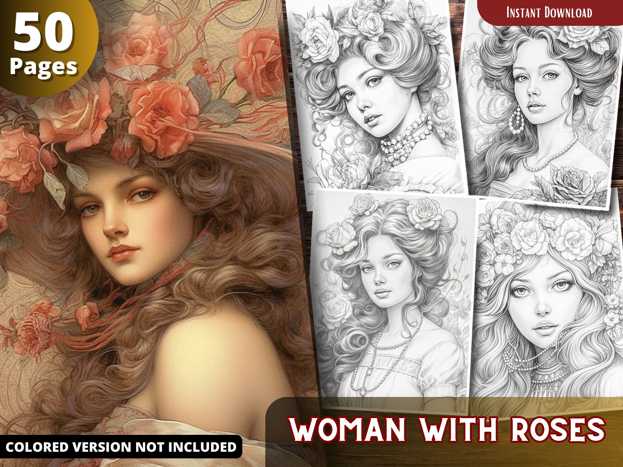 Woman with roses coloring pages for adults and for kids relax and stress relief grayscale coloring book printable pdf