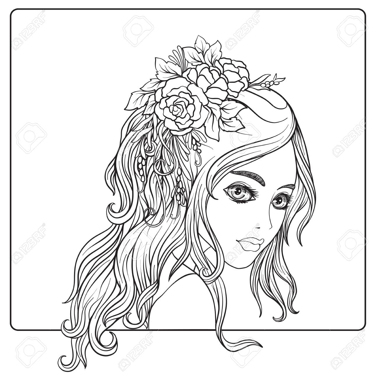 A young beautiful girl with a wreath of flowers on her head outline hand drawing coloring page for adult coloring book royalty free svg cliparts vectors and stock illustration image