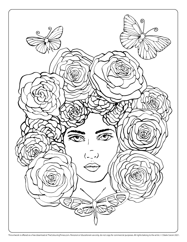 Colouring page â girl and roses â the colouring times