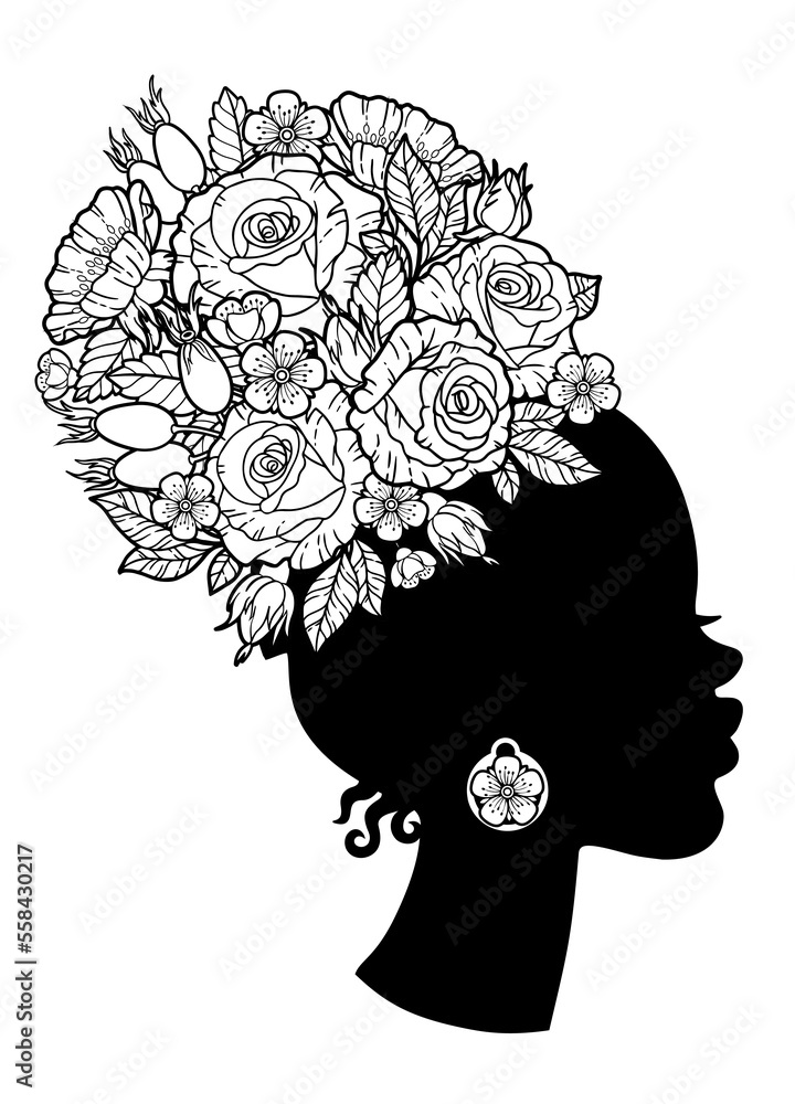 Coloring book for adults black silhouette of head african american woman with a flowers instead hairstyle braided in the hair of roses flowers vector