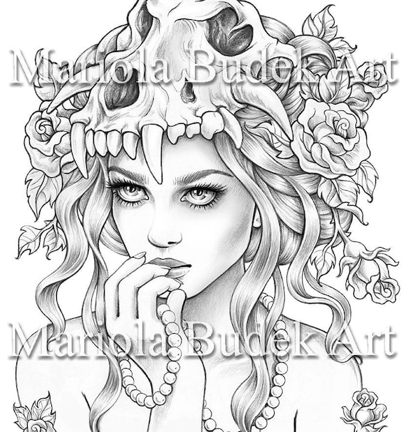 Pearl in roses mariola budek premium coloring page printable adult colouring pages book instant download grayscale illustration pdf