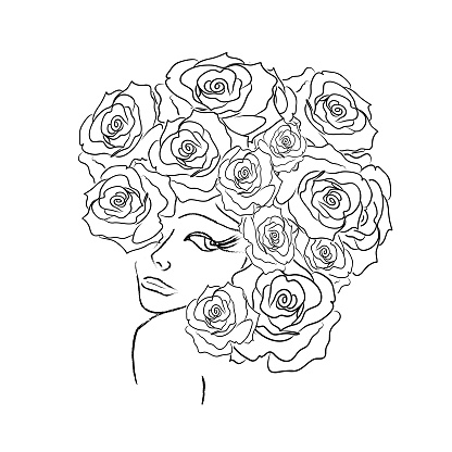 Women head with roses decorative coloring page stock photo