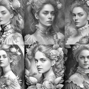 Beautiful victorian women with roses set coloring pages printable adult coloring pages download grayscale illustration
