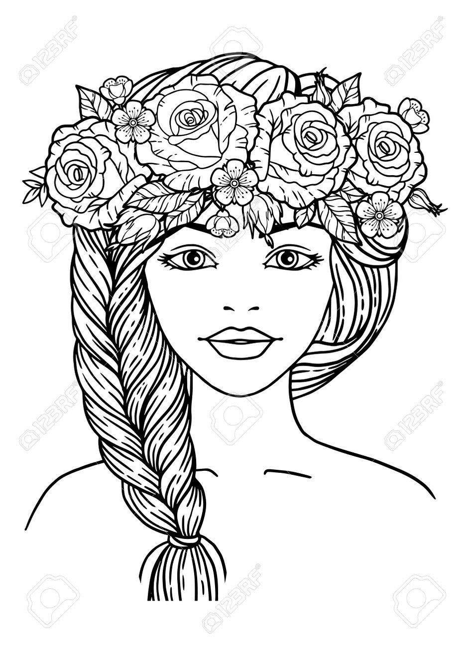 Vector coloring book page for adults black and white illustration a beautiful girl with a braid and a wreath of roses on her head royalty free svg cliparts vectors and stock illustration