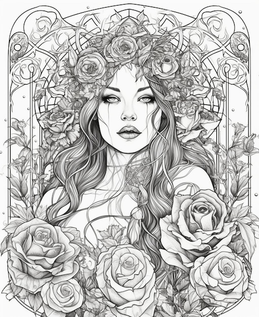 Premium ai image a black and white illustration of a woman with roses on her head