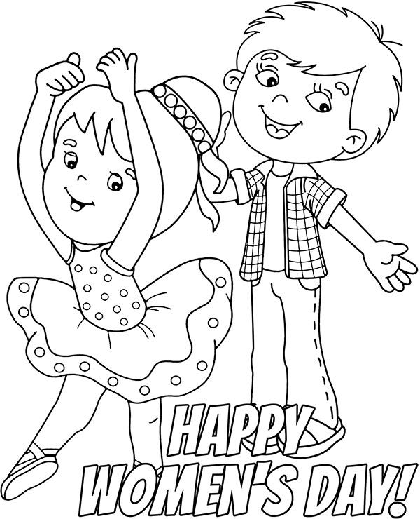 Womens day coloring page boy and girl