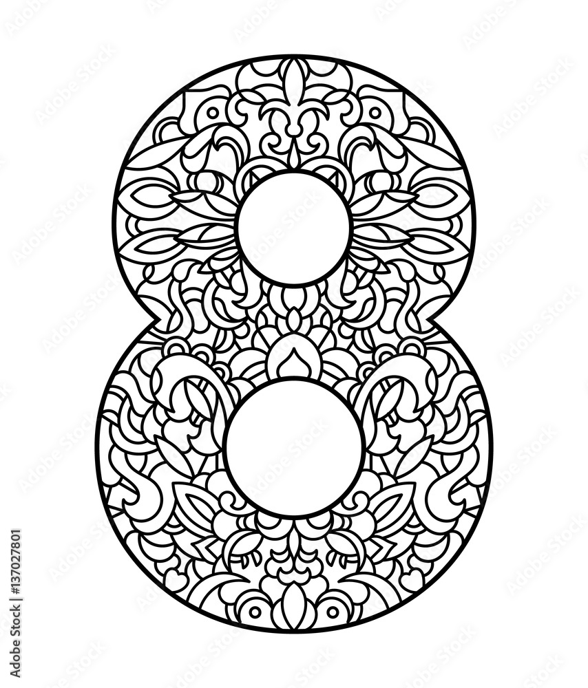 Number eight with pattern for coloring page eighth of march