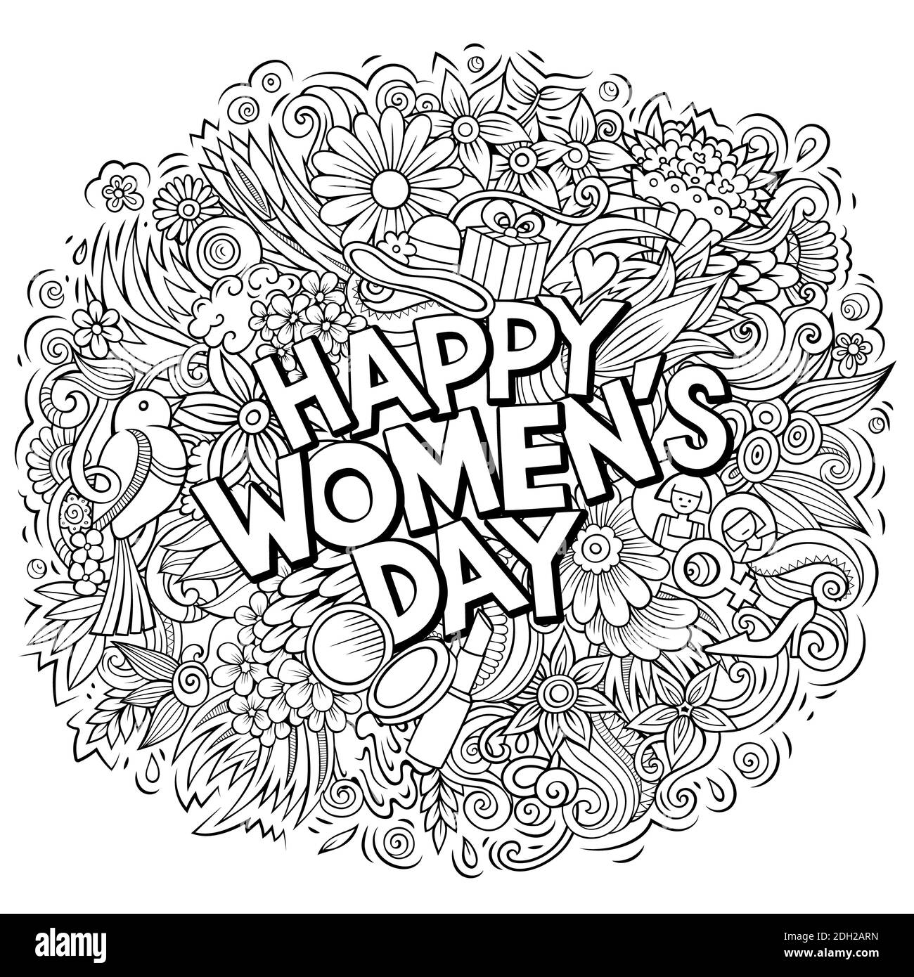 Happy womans day hand drawn cartoon doodles illustration funny holiday design creative art raster background stock photo