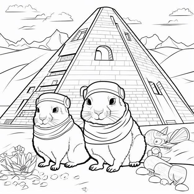 Premium ai image a coloring page of two hamsters in front of a pyramid generative ai