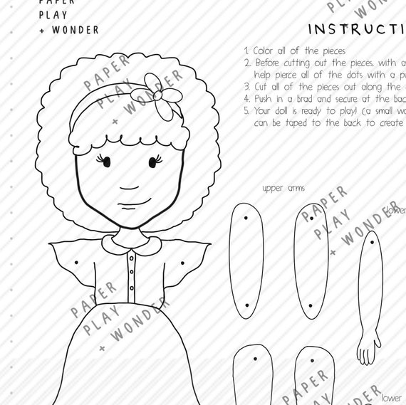 Articulated paper dollpuppet coloring page african american girl printable digital download